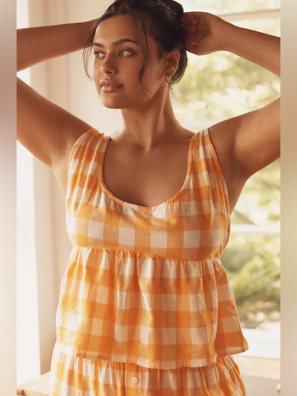 Anthropologie Orange and White Gingham Crop Apron Tank with Tie Detail. Large